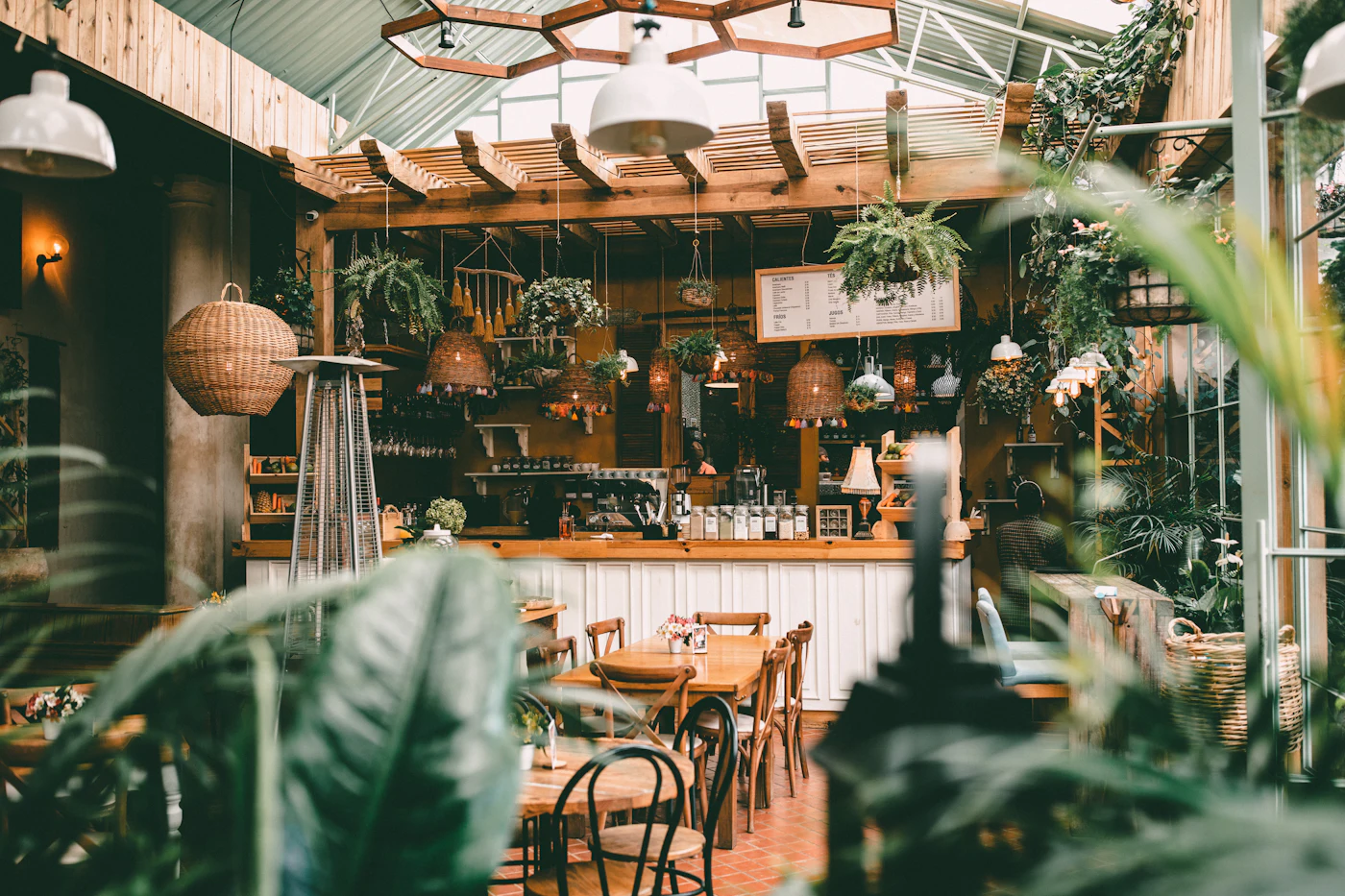 Rincón del salón con plantas colgantes y estantes de madera junto a una ventana alta
